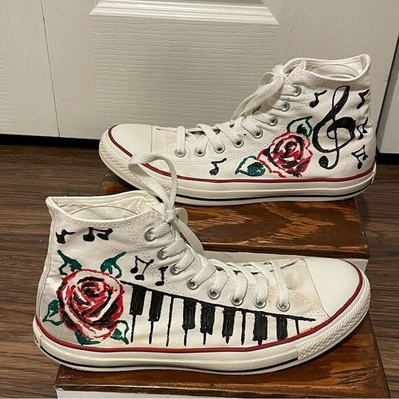 Converse Custom Painted Rose Music Piano Sneakers White Red Green Men 10 Wom 12 - Picture 2 of 14